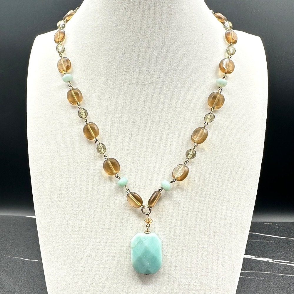 Vintage Lia Sophia‎ Gold-Tone Classic Amber Smoky Quartz Beaded Pendant Choker